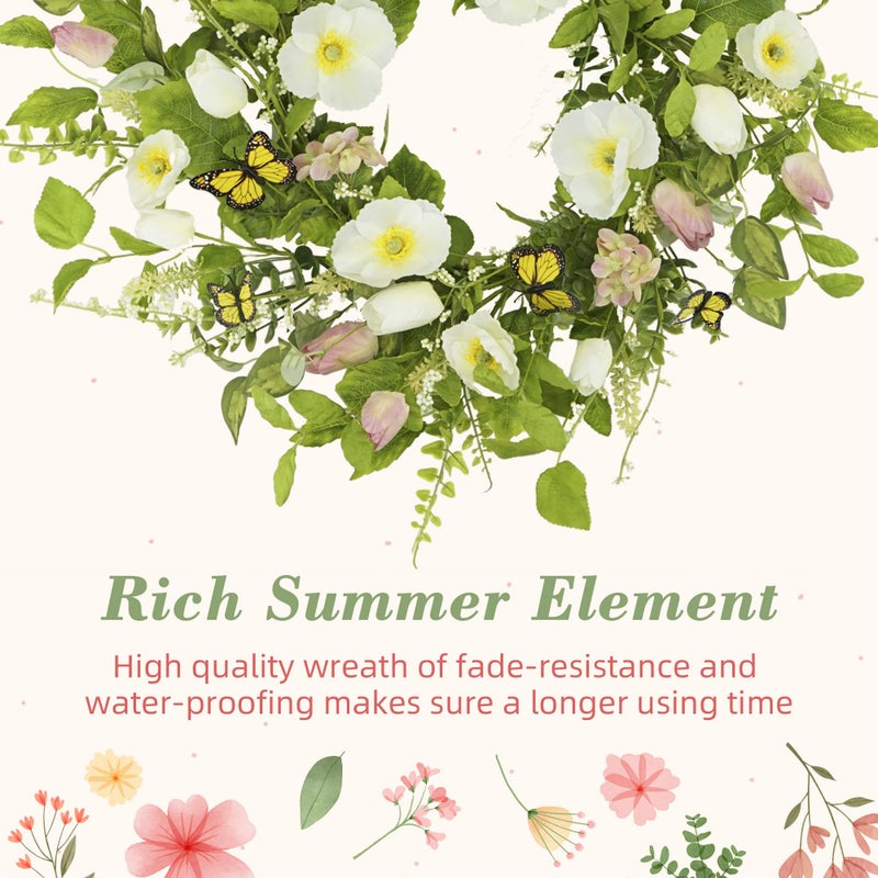 YNYLCHMX 18" Spring Summer Wreaths for Front Door, Artificial Floral Wreath with White Flower Eucalyptus Leaves Butterfly, Green Foliage Wreath for Wall Window Farmhouse Party Holiday Home Decor - Image 5
