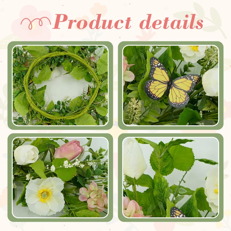 YNYLCHMX 18" Spring Summer Wreaths for Front Door, Artificial Floral Wreath with White Flower Eucalyptus Leaves Butterfly, Green Foliage Wreath for Wall Window Farmhouse Party Holiday Home Decor - Image 4