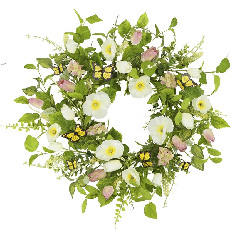 YNYLCHMX 18" Spring Summer Wreaths for Front Door, Artificial Floral Wreath with White Flower Eucalyptus Leaves Butterfly, Green Foliage Wreath for Wall Window Farmhouse Party Holiday Home Decor - Image 1