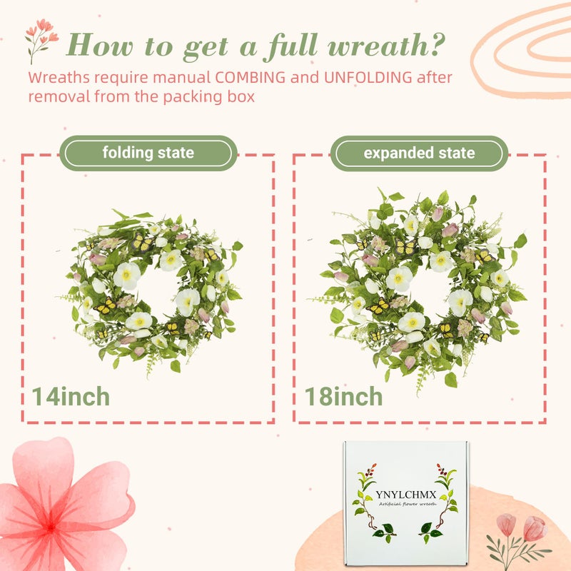 YNYLCHMX 18" Spring Summer Wreaths for Front Door, Artificial Floral Wreath with White Flower Eucalyptus Leaves Butterfly, Green Foliage Wreath for Wall Window Farmhouse Party Holiday Home Decor - Image 3