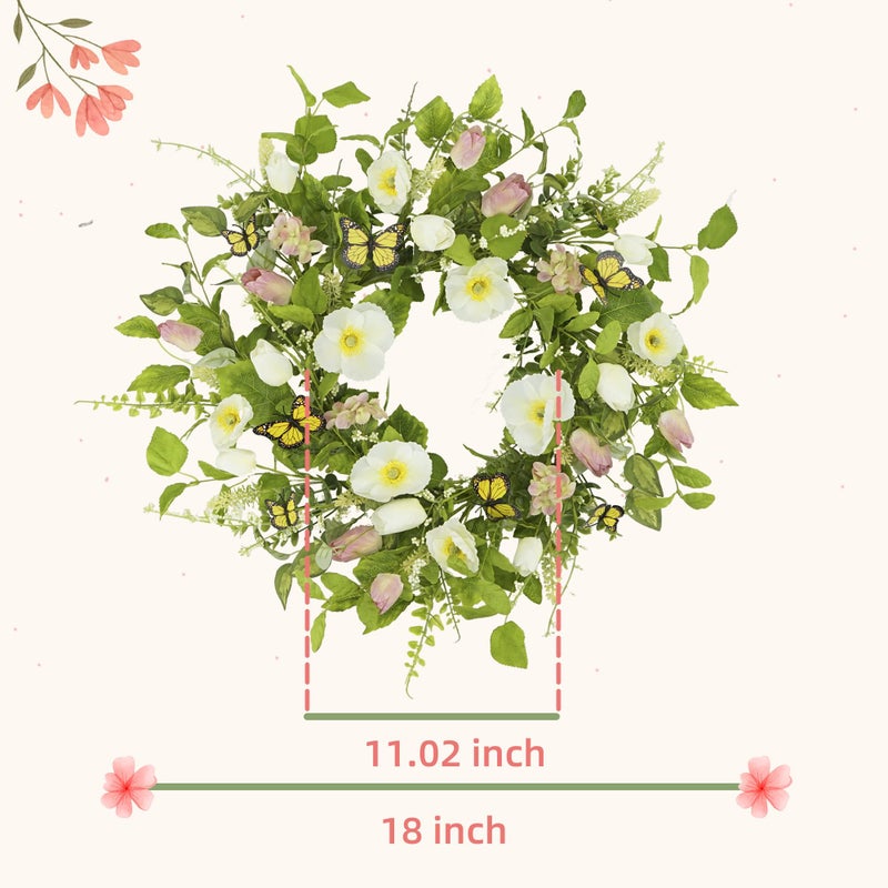 YNYLCHMX 18" Spring Summer Wreaths for Front Door, Artificial Floral Wreath with White Flower Eucalyptus Leaves Butterfly, Green Foliage Wreath for Wall Window Farmhouse Party Holiday Home Decor - Image 2