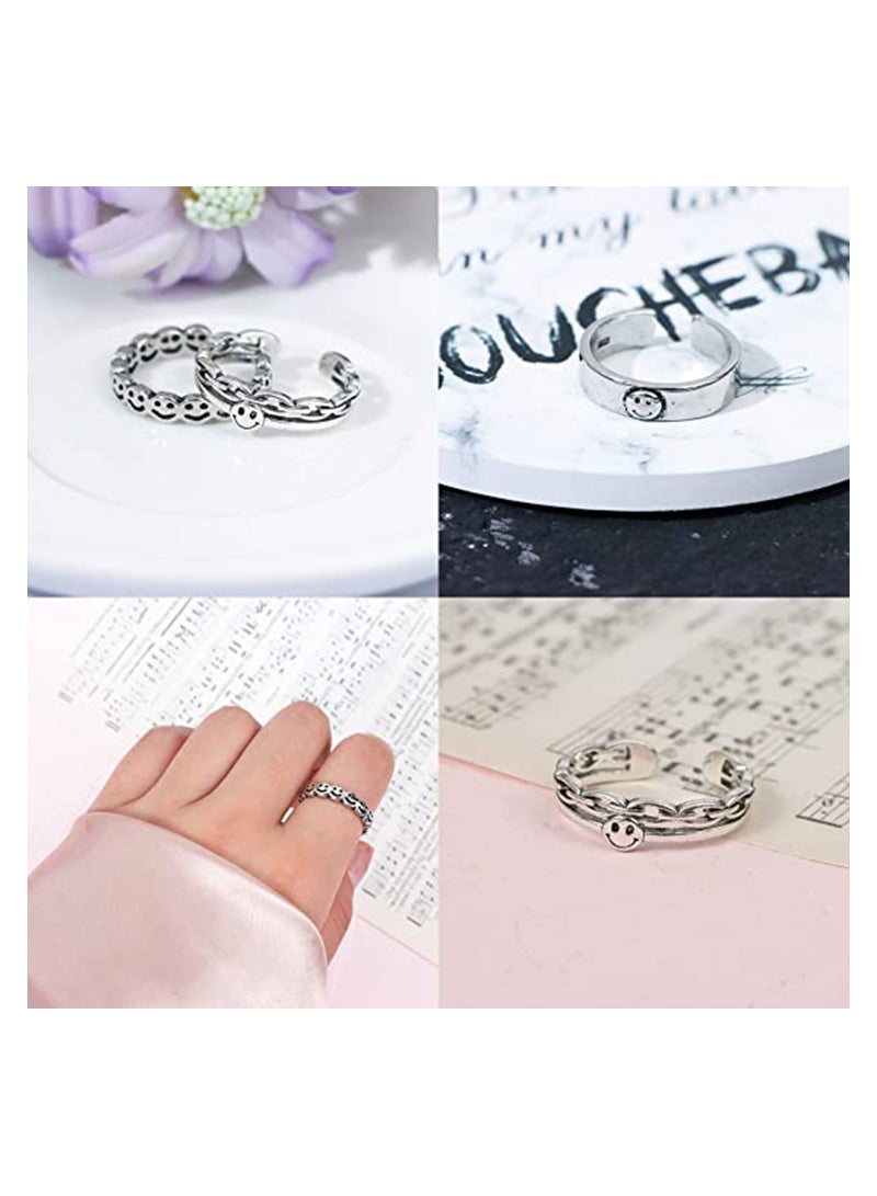 Excefore 3 Pcs Smiley Face Ring Set, Adjustable Vintage Silver Smiling Happy Funny Rings Adjustable Open Knuckle Ring Smiling Face Rings for Women Men  - Image 4