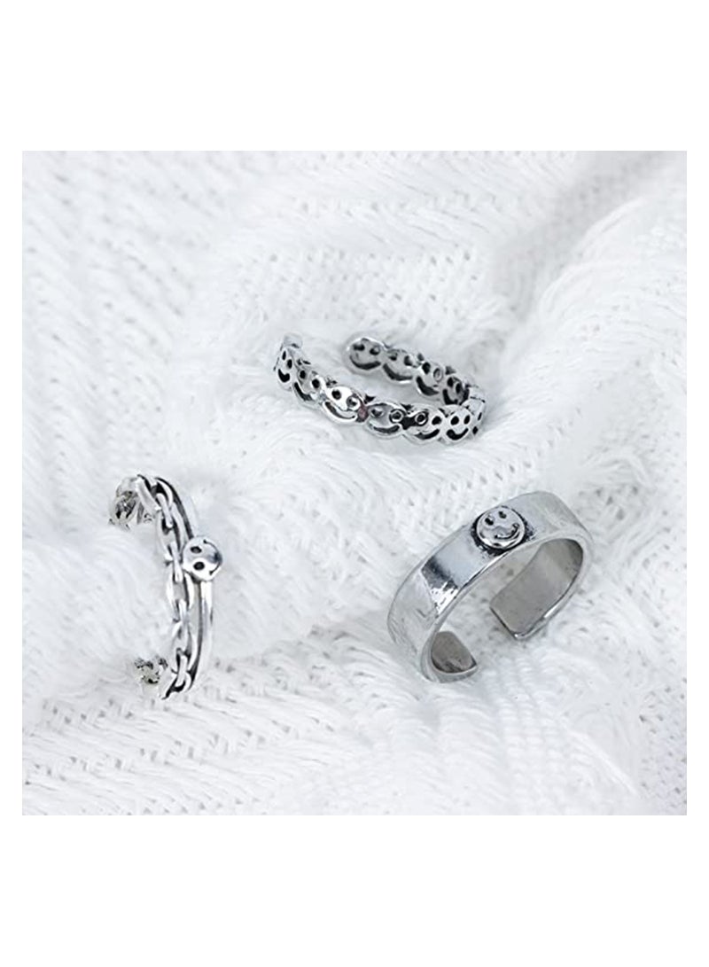 Excefore 3 Pcs Smiley Face Ring Set, Adjustable Vintage Silver Smiling Happy Funny Rings Adjustable Open Knuckle Ring Smiling Face Rings for Women Men  - Image 2
