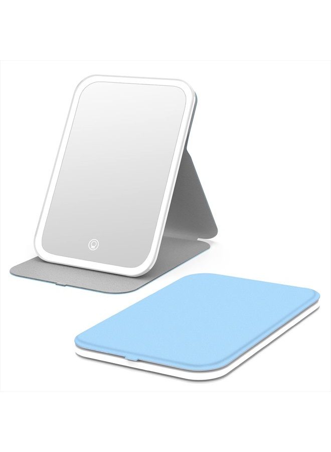 Kintion Travel Makeup Mirror, Portable LED Lighted Makeup Mirror, 360° Rotation Touch Screen Vanity Mirror, 3-Color Dimmable Lighting, Rechargeable Tabletop Folding Cosmetic Mirror, Blue - Image 1