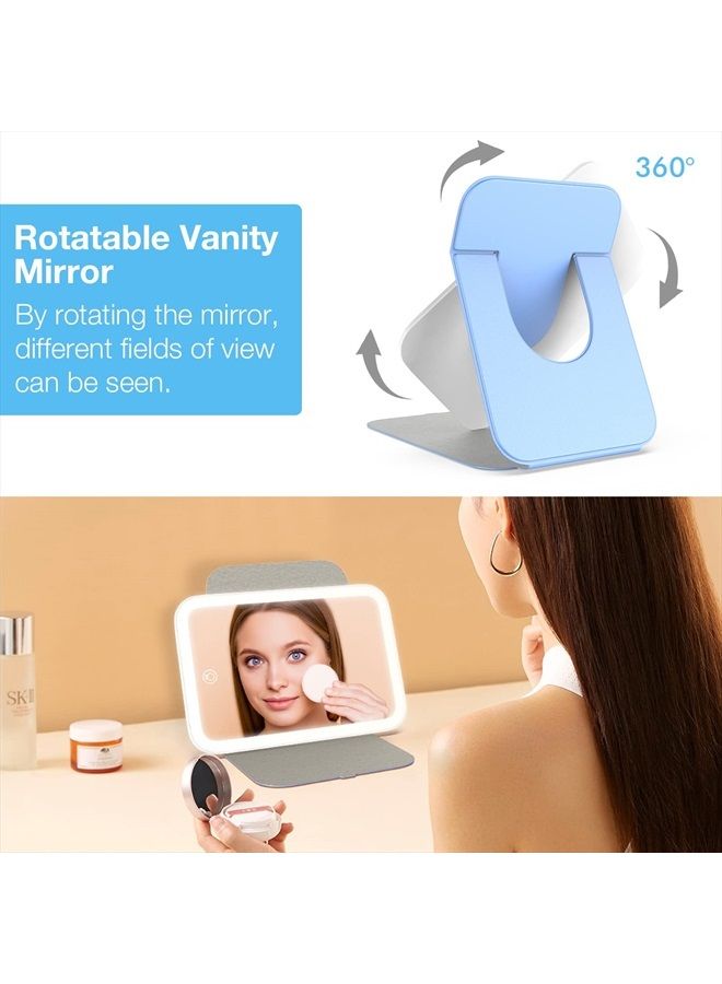 Kintion Travel Makeup Mirror, Portable LED Lighted Makeup Mirror, 360° Rotation Touch Screen Vanity Mirror, 3-Color Dimmable Lighting, Rechargeable Tabletop Folding Cosmetic Mirror, Blue - Image 5