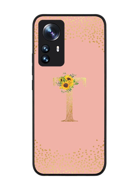 Rugged Black edge case for Xiaomi 12 Lite Slim fit Soft Case Flexible Rubber Edges Anti Drop TPU Gel Thin Cover - Custom Monogram Initial Letter Floral Pattern Alphabet - T (Rose Pink )