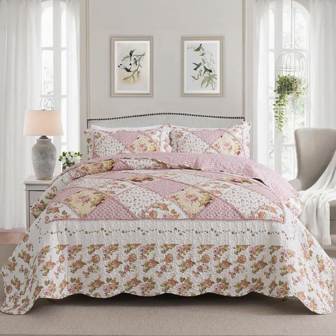 QUILT SET KING SIZE BEDSPREAD SETS PINK BOTANICAL FLORAL REVERSIBLE QUILT BEDDING SET LIGHTWEIGHT AND BREATHABLE FOR ALL SEASONS SOFT QUILTED BEDSPREAD WITH 2 PILLOW SHAMS