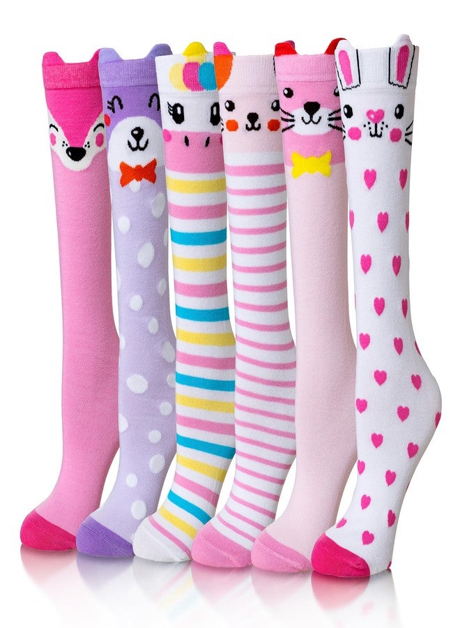 Eocom Girls Knee High Socks Kids Crazy Fun Gift Silly Tall Boot Cute Animal Cotton Long Socks 6 Pairs(Pink Purple Animal, 3-12 Years) - Image 1