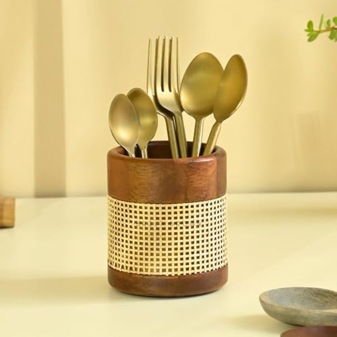 Brick Brown® Premium Wooden Tresso Cutlery Holder Spoon Stand for Kitchen | Spoon Holder for Dining Table | Wooden Caddy Storage Organizer Stand with Removable Section Caddy Holder (4x4x4.5 inch)