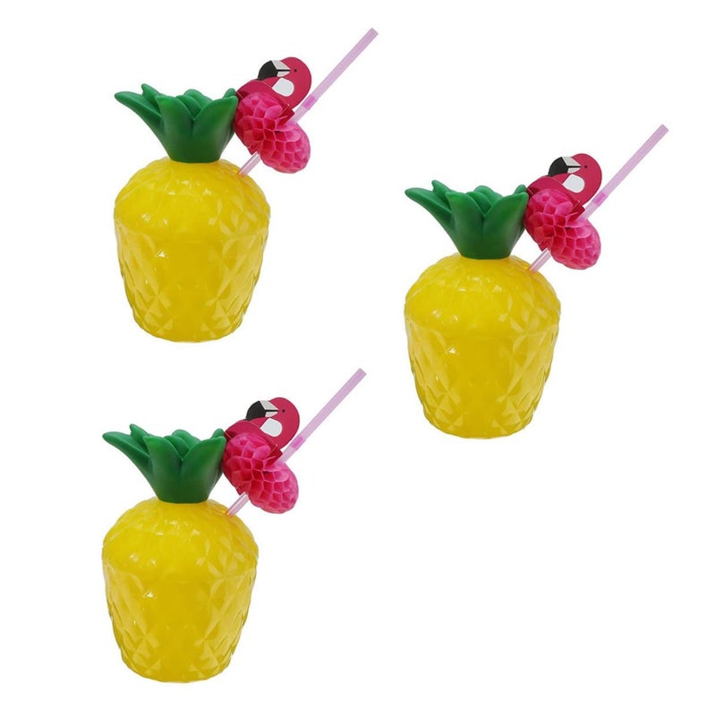 3pcs Pineapple Plastic Cups with Flamingo Straws Luau Party Beach Beverage Set - Image 2