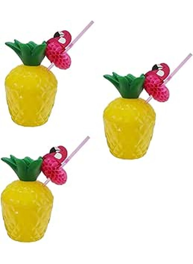 3pcs Pineapple Plastic Cups with Flamingo Straws Luau Party Beach Beverage Set - Image 1