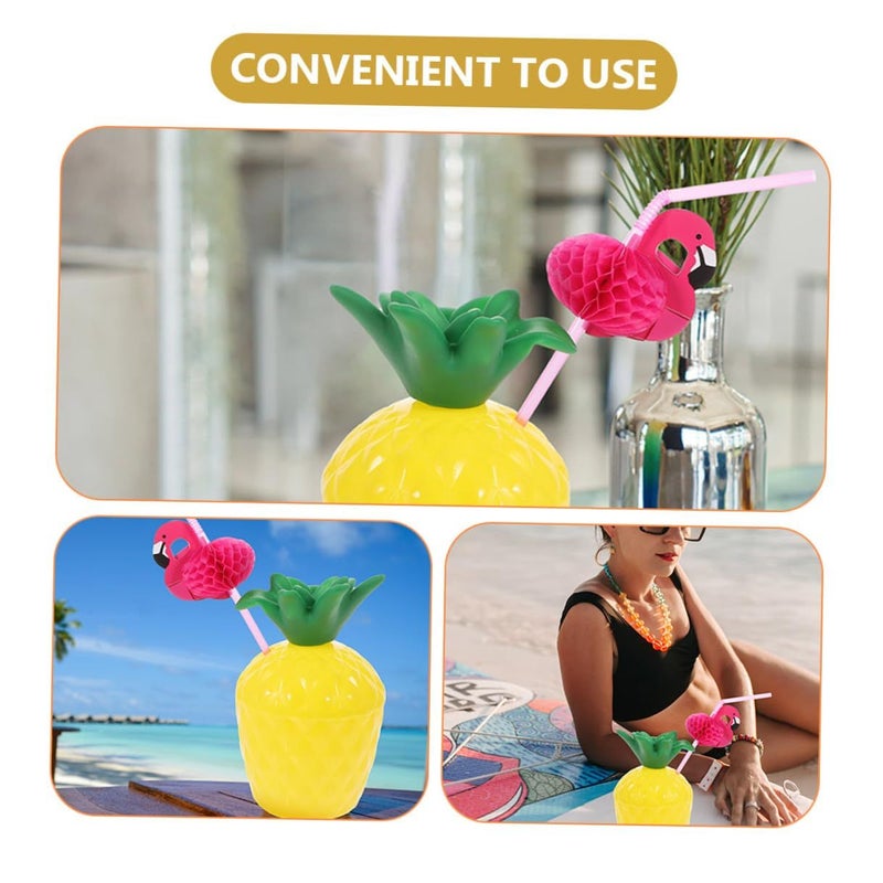 3pcs Pineapple Plastic Cups with Flamingo Straws Luau Party Beach Beverage Set - Image 4