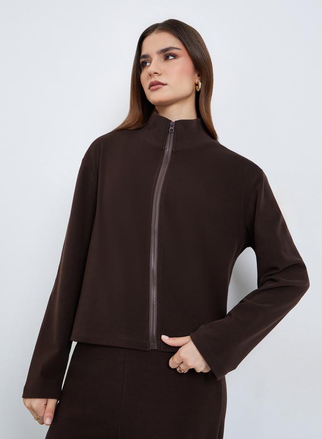 ستايلي طقم منسق من جاكيت بسحاب بتفاصيل محبوكة وبنطال - Image 2