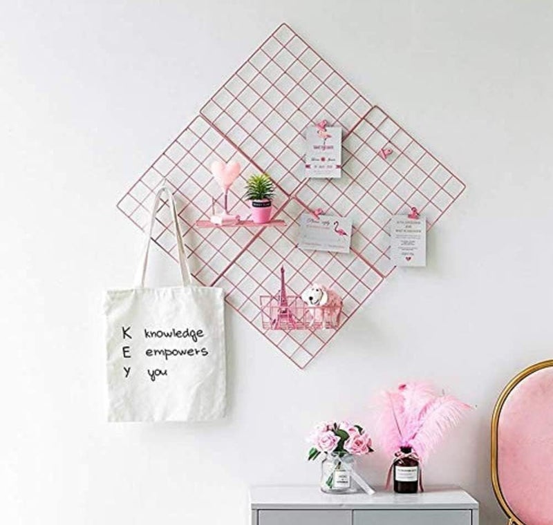 CreativeBuzz Steel Grid Photo Frame For Wall With 10 Wooden Deginer Clips Photo frame grid DIY Mesh Wire Frame Grid Of Metal Hanging Aesthetic Moments Photo Wall Décor for Home Living Room (Pink) - Image 2
