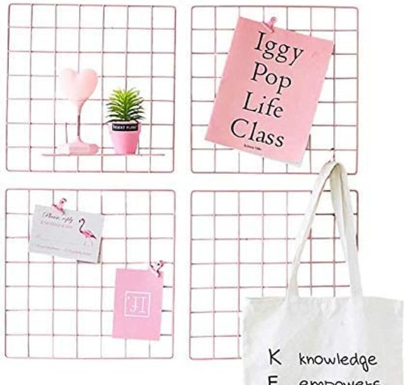 CreativeBuzz Steel Grid Photo Frame For Wall With 10 Wooden Deginer Clips Photo frame grid DIY Mesh Wire Frame Grid Of Metal Hanging Aesthetic Moments Photo Wall Décor for Home Living Room (Pink) - Image 1