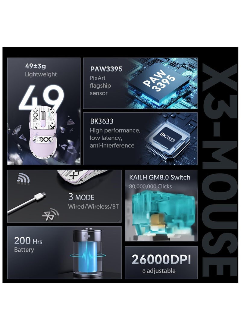 Attack Shark - ATTACK SHARK X3 Wireless Gaming Mouse – Ultra-Light 49g Superlight Design – 26,000 DPI Optical Sensor – 2.4GHz Wireless, Bluetooth & Wired Connection – Programmable Buttons – RGB Lighting – Ergonomic Grip – Compatible with PC, Laptop, Mac (White) - Image 1