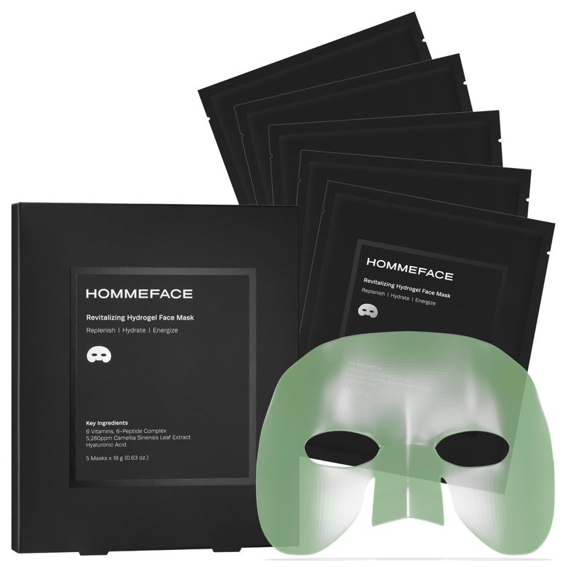 HOMMEFACE مجموعة أقنعة الوجه الهيدروجيل المنشطة للرجال (5 قطع) - مرطبة، صديقة لللحية، مضادة للشيخوخة، مهدئة - تقنية العناية بالبشرة الكورية مع حمض الهيالورونيك، الفيتامينات والببتيدات - Image 1