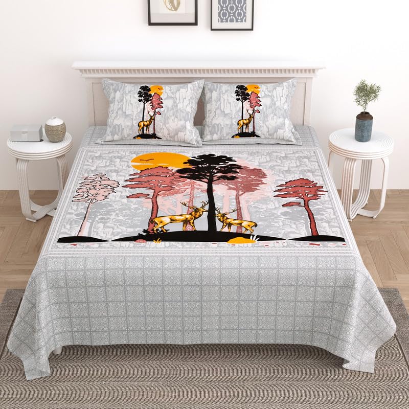 KOTTS & STITCH Cotton Double Bed Bedsheet Set with 2 Pillow Covers | 210 TC | 237x274 cm | Jaipuri Deer Park| Soft & Breathable Double Bed Sheet for All Seasons – King Size Bedsheet - Image 1