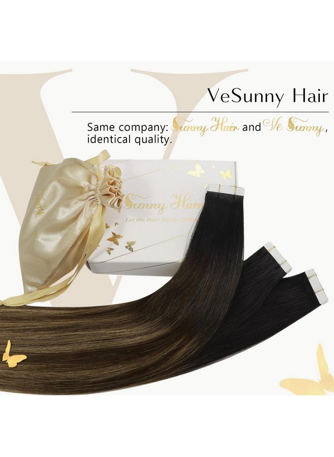 Ve Sunny Human Hair Tape In Extensions Ombre Black Tape In Hair Extensions Real Human Hair Black Ombre Dark Brown Mix Ash Blonde Tape On Hair Extensions Ombre Tape Hair Extensions 25G 10Pcs 16Inch  - Image 2