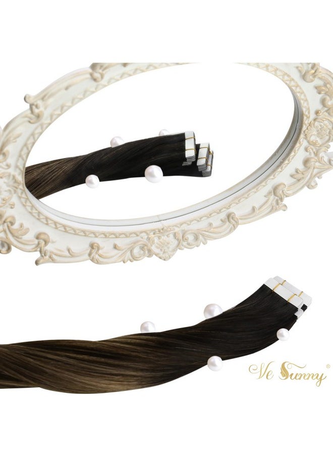 Ve Sunny Human Hair Tape In Extensions Ombre Black Tape In Hair Extensions Real Human Hair Black Ombre Dark Brown Mix Ash Blonde Tape On Hair Extensions Ombre Tape Hair Extensions 25G 10Pcs 16Inch  - Image 5