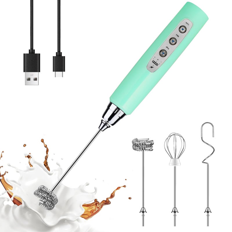YUSWKO Baby Blue Handheld Milk Frother Wand for Coffee Rechargeable Electric Whisk with 3 Heads 3 Speeds Drink Mixer Coffee Frother For Latte Cappuccino Hot Chocolate Egg