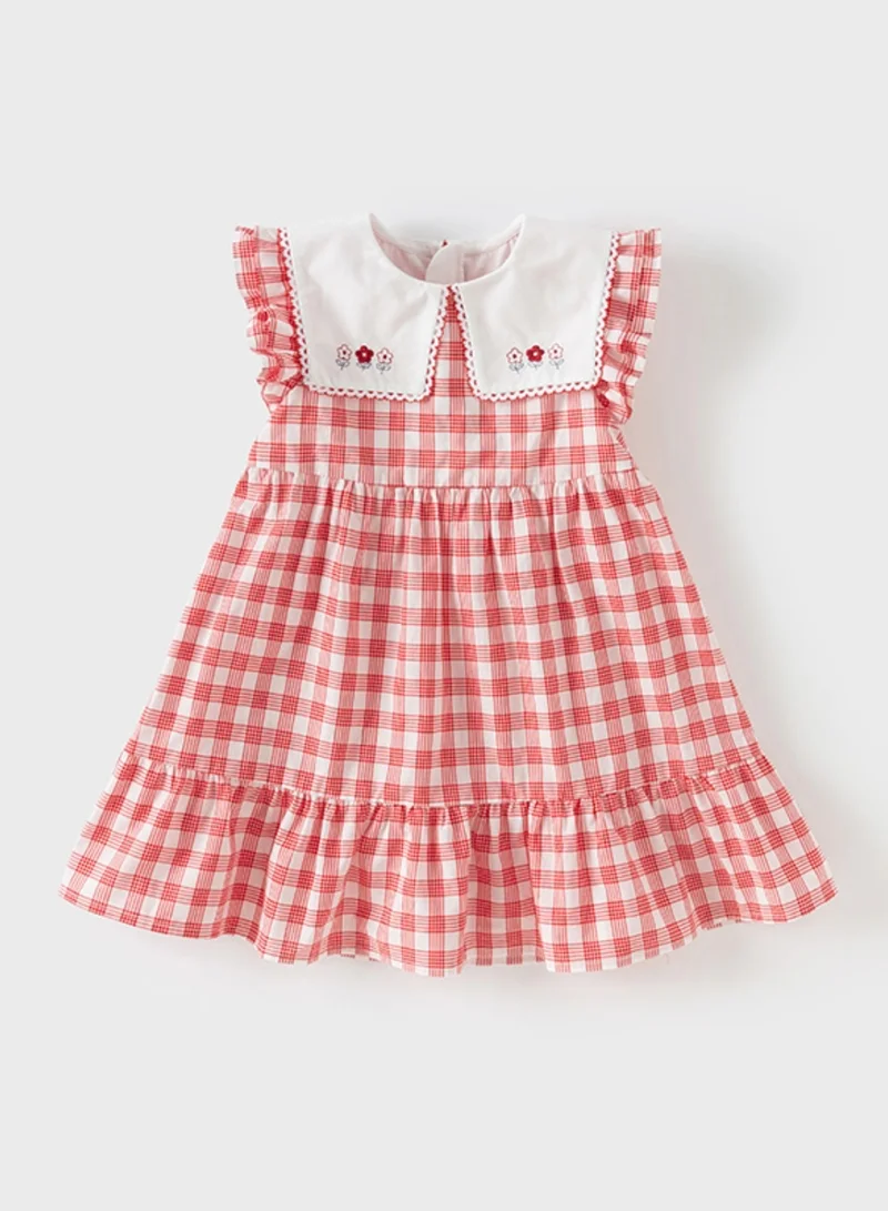 Dave & Bella Girls Cotton Gingham Dress with Embroidered Collar