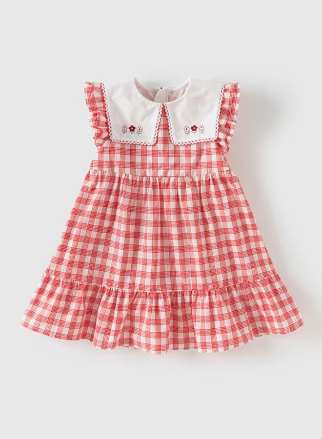 Dave & Bella Girls Cotton Gingham Dress with Embroidered Collar