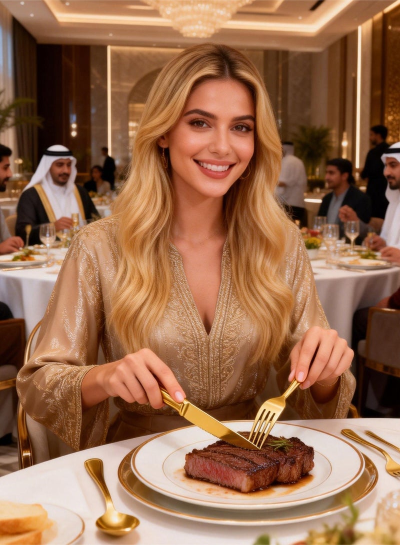 هومار كيت طقم أدوات مائدة بلاستيكية ذهبية اللون مكون من 75 قطعة، يتضمن 25 شوكة، 25 ملعقة، و25 سكين، مناسب لحفلات العيد، وحفلات استقبال المولود، وحفلات الزفاف، وحفلات أعياد الميلاد الربيعية. يتضمن الطقم 25 شوكة، 25 ملعقة، و25 سكين. - Image 2