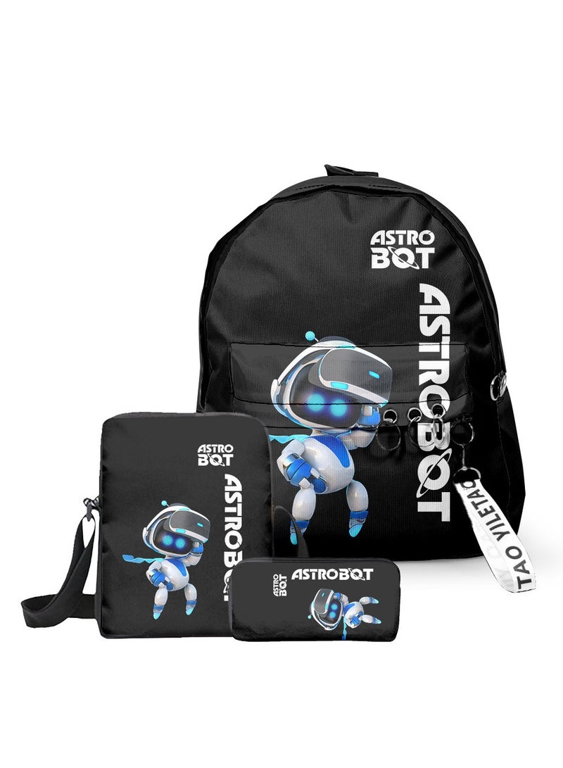 Astro Bot Cartoon Printed 3-Piece Backpack Set - Student Dual-Shoulder Bag (Includes Crossbody Bag and Pencil Case), Durable Polyester and Oxford Fabric (black)