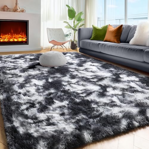 PAGISOFE سجاد PAGISOFE الأسود والأبيض والرمادي لغرفة المعيشة 5x8، سجاد شاج فuzzy وFluffy مستطيل لغرفة الأطفال، غرفة اللعب، الفصل الدراسي، سجاد شاجي ناعم لتزيين المنزل، سجادة سرير عصرية رائعة - Image 3