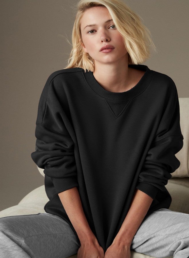 KOTTY Women's Long Sleeve Solid Pattern Stylish Round Nack Fleece Sweatshirt(Black,L) - Image 2