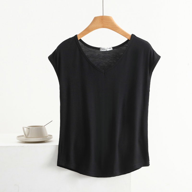 Summer Thin Modal Sleeveless T-Shirt Women's V Neck Small Sleeve Top Loose Large Size Vest Casual Pure Color Bottoming Shirt - Image 1