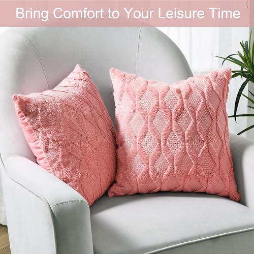 Volcanics Pack of 2 Faux Wool Throw Pillow Covers 18x18 Inches Decorative Farmhouse Velvet Couch Pillow Case Soft Plush Square Boho Cushion Pillowcase, Coral Red - Image 2