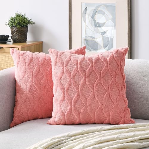 Volcanics Pack of 2 Faux Wool Throw Pillow Covers 18x18 Inches Decorative Farmhouse Velvet Couch Pillow Case Soft Plush Square Boho Cushion Pillowcase, Coral Red - Image 1