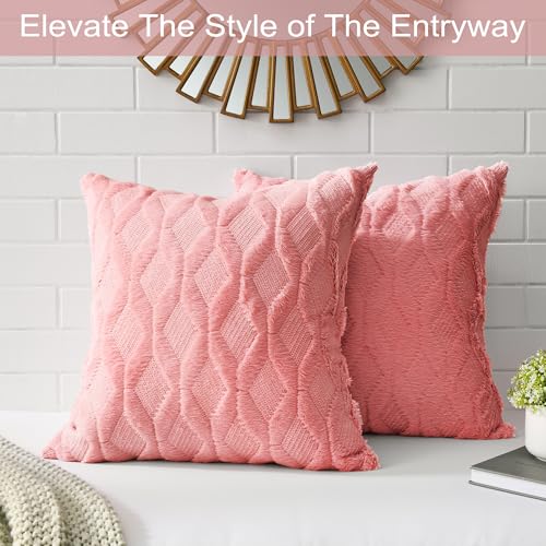 Volcanics Pack of 2 Faux Wool Throw Pillow Covers 18x18 Inches Decorative Farmhouse Velvet Couch Pillow Case Soft Plush Square Boho Cushion Pillowcase, Coral Red - Image 3