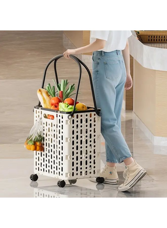 White Folding Shopping Basket With Wheels Portable Grocery Trolley Practical Shelf Cart - Image 3