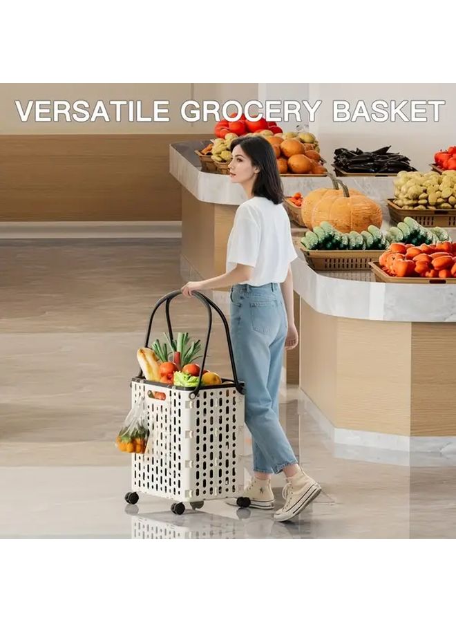 White Folding Shopping Basket With Wheels Portable Grocery Trolley Practical Shelf Cart - Image 2