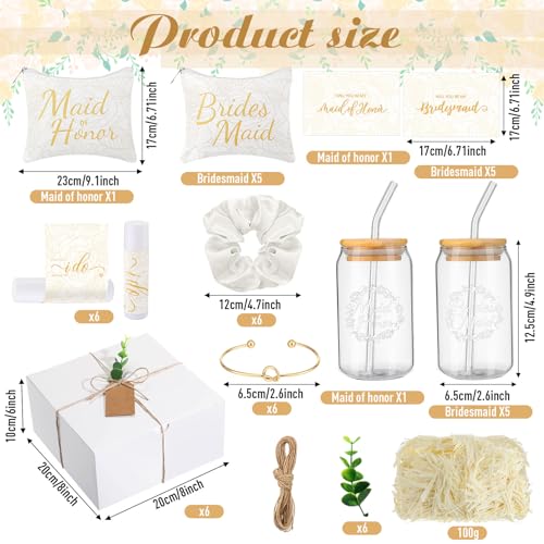 FillTouch 54 Pcs Bridesmaid Proposal Gifts Will You Be My Bridesmaid Maid of Honor Bride Gifts Include Gift Box Makeup Bag Invited Card Glass Cup Lip Balm Scrunchie Knotted BraceletWhite - Image 3