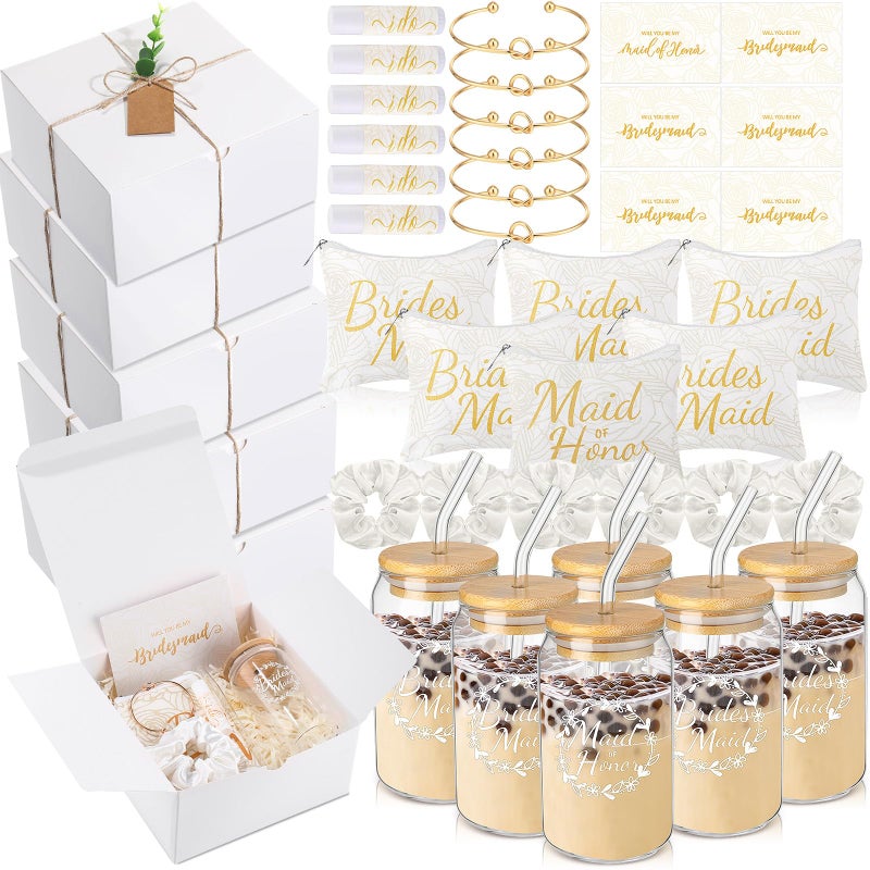 FillTouch 54 Pcs Bridesmaid Proposal Gifts Will You Be My Bridesmaid Maid of Honor Bride Gifts Include Gift Box Makeup Bag Invited Card Glass Cup Lip Balm Scrunchie Knotted BraceletWhite - Image 2