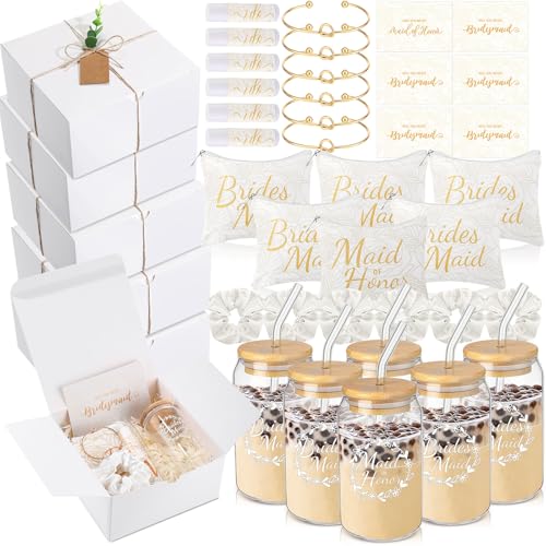 FillTouch 54 Pcs Bridesmaid Proposal Gifts Will You Be My Bridesmaid Maid of Honor Bride Gifts Include Gift Box Makeup Bag Invited Card Glass Cup Lip Balm Scrunchie Knotted BraceletWhite - Image 1