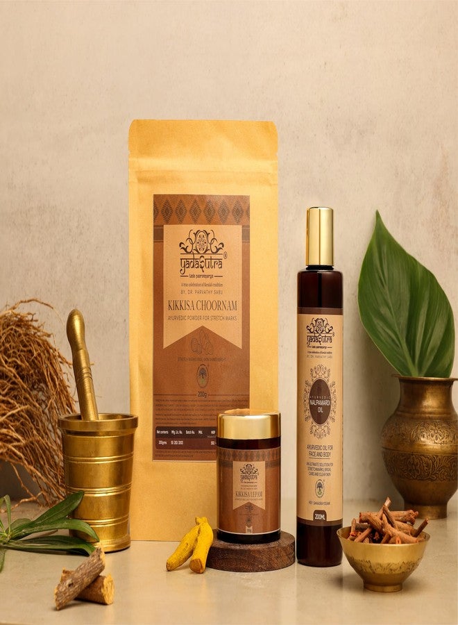 YADASUTRA Ayurvedic Anti Stretch Mark Bundle for Pregnancy, Nalpamaradi Oil Kikkisa Lepam Kikkisa Choornam, Skin Brightening Hydration Scar Fade (Cream, Powder, Oil) - Image 1