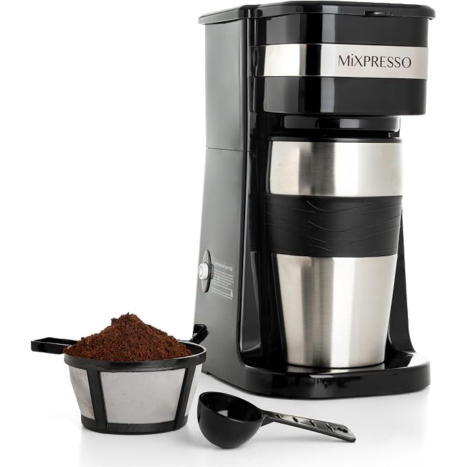Mixpresso Single Serve & Single Cup Coffee Maker with 14oz Travel Mug Black | For ground coffee only, reusable filter, auto shut off. Compact personal drip coffee maker, not compatible with K-Cup pods. - Image 1