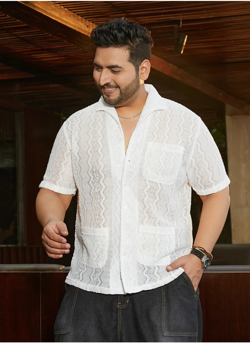 انستافاب بلس Instafab Plus Men's Daisy White Swirl Open-Knit Shirt For Casual Wear | Spread Collar | Short Regular Sleeves | Button Closure | Plus Size Shirt Crafted With Comfort Fit For Everyday Wear