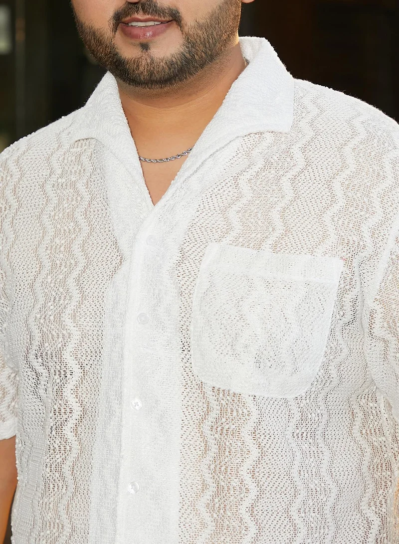 Instafab Plus Instafab Plus Men's Daisy White Swirl Open-Knit Shirt For Casual Wear | Spread Collar | Short Regular Sleeves | Button Closure | Plus Size Shirt Crafted With Comfort Fit For Everyday Wear