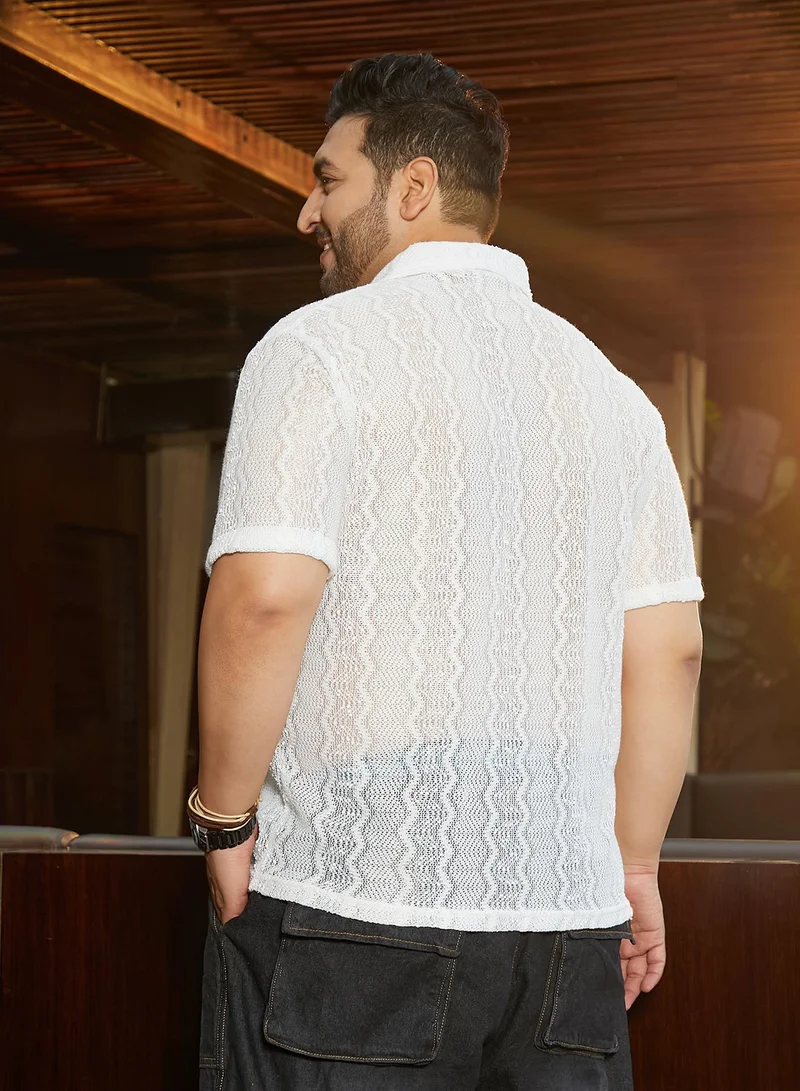 Instafab Plus Instafab Plus Men's Daisy White Swirl Open-Knit Shirt For Casual Wear | Spread Collar | Short Regular Sleeves | Button Closure | Plus Size Shirt Crafted With Comfort Fit For Everyday Wear