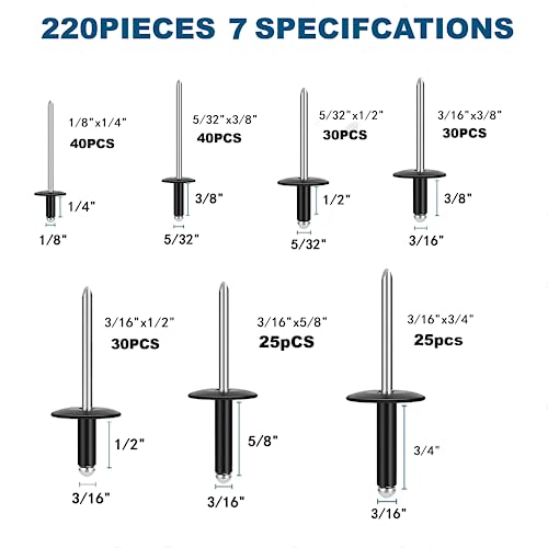 LAZIRO 220PCS Large Flange Aluminum Blind Rivets，Black Rivets Pop Rivets Assortment Kit, 7 Sizes Aluminum Rivets (1/8" 5/32"3/16") Assorted Blind Rivets with Case - Image 2