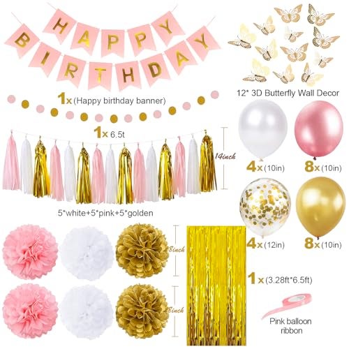 pugkloy Pink and Gold Birthday Party Decorations for Women with Happy Birthday Banner,Curtains, Butterfly Wall,Circle Dots Garland,Tissue Pompoms,Paper Tassels Garland for Her - Image 3