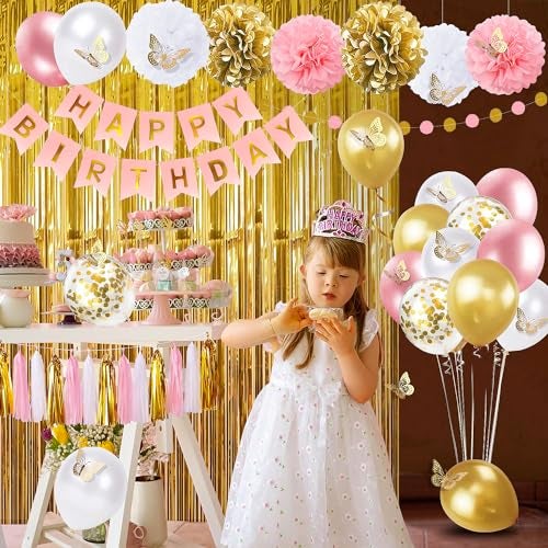 pugkloy Pink and Gold Birthday Party Decorations for Women with Happy Birthday Banner,Curtains, Butterfly Wall,Circle Dots Garland,Tissue Pompoms,Paper Tassels Garland for Her - Image 4