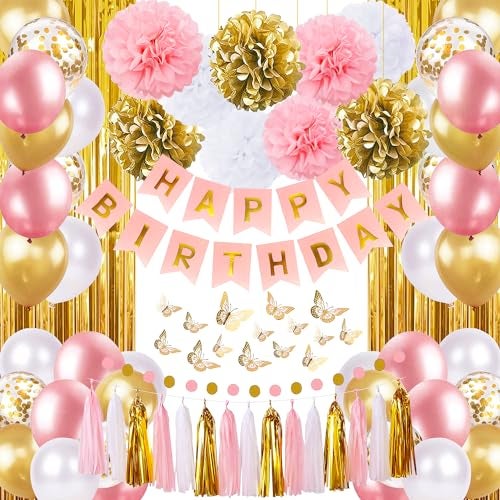 pugkloy Pink and Gold Birthday Party Decorations for Women with Happy Birthday Banner,Curtains, Butterfly Wall,Circle Dots Garland,Tissue Pompoms,Paper Tassels Garland for Her - Image 1