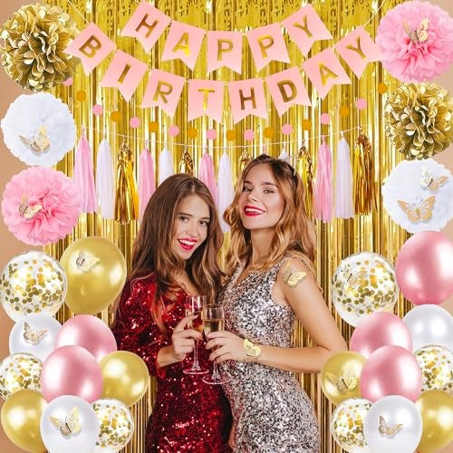 pugkloy Pink and Gold Birthday Party Decorations for Women with Happy Birthday Banner,Curtains, Butterfly Wall,Circle Dots Garland,Tissue Pompoms,Paper Tassels Garland for Her - Image 2
